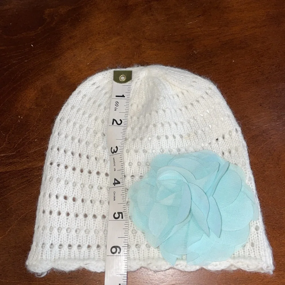 Carter’s Baby Girl White Knit Beanie Hat with Aqua Blue Flower 3-9 Months